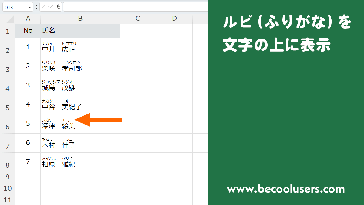 Excelでルビ（ふりがな）を文字の上に表示