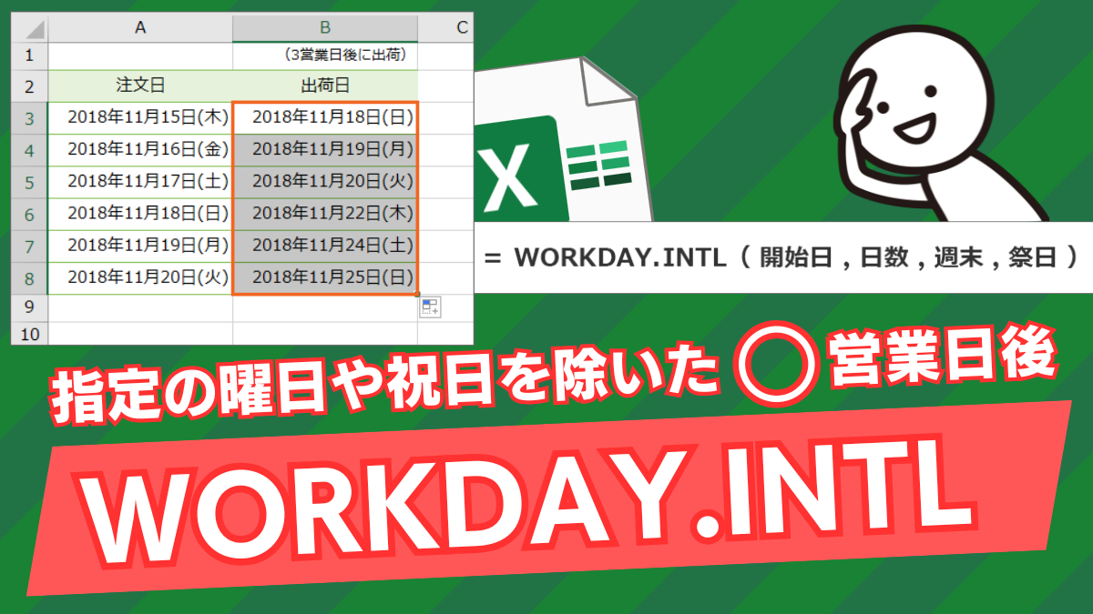 指定の曜日や祝日を除いた○営業日後の日付を求めるWORKDAY.INTL関数