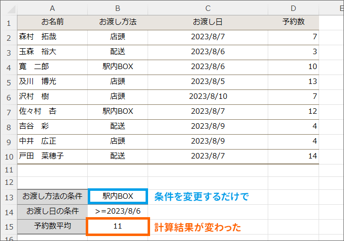 条件入力用のセルを修正