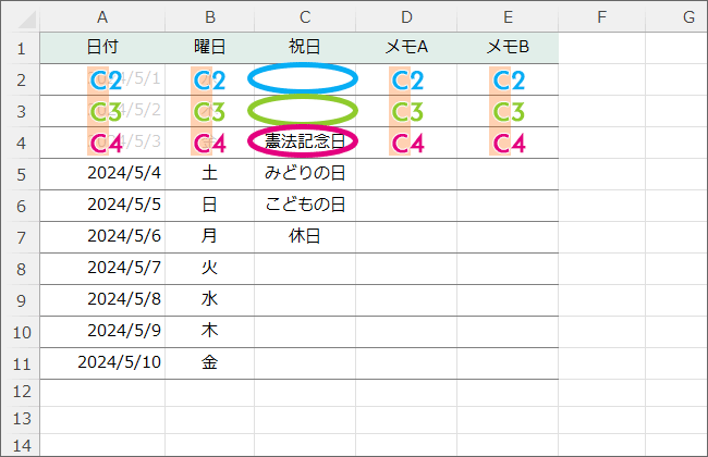 C列にデータがあるかどうかで祝日かどうかを判断