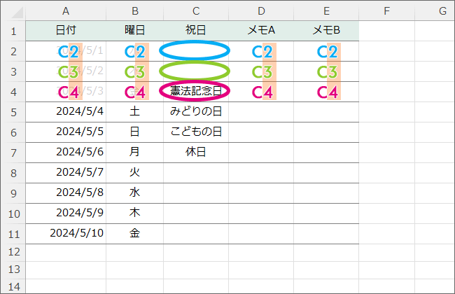 C列にデータがあるかどうかで祝日かどうかを判断