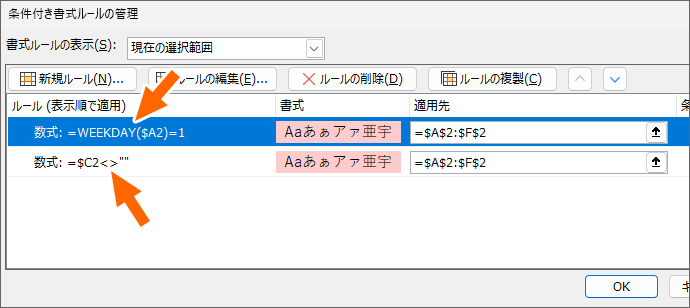 条件付き書式が表示されている