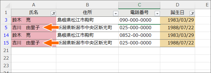 色で抽出しただけでデータの順番はバラバラ