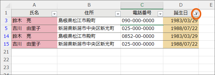 最初に「誕生日」で抽出をかけた