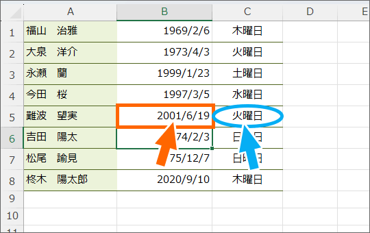 日付を変更したら連動して曜日が変わる