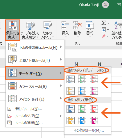 データバーでexcelセル内に数字と横棒グラフを一緒に表示