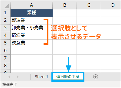 プルダウンメニュー用データを別シートに入力