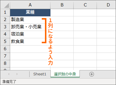 プルダウンメニュー用データを1列に入力