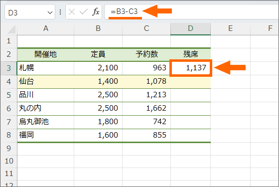 先頭のセルに設定した引き算の数式