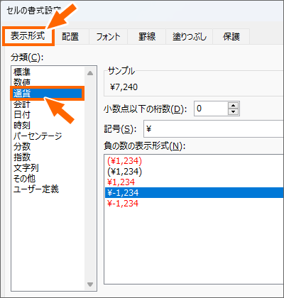 ［セルの書式設定］の［表示形式］タブ