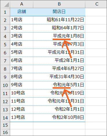 Excelで令和1年を令和元年、平成1年を平成元年で表示させるには