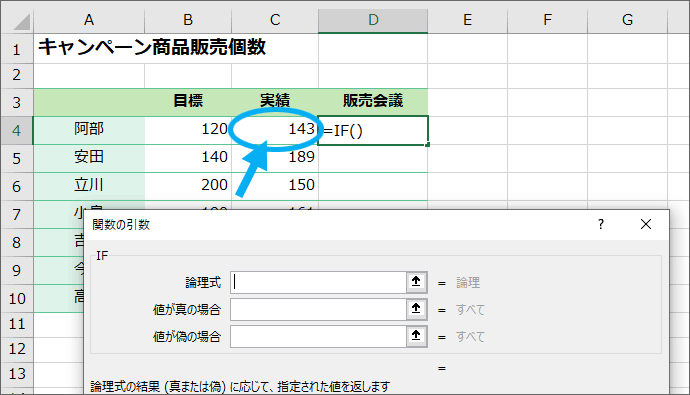 阿部さんの実績(C4番地)が判断の基準となるセル