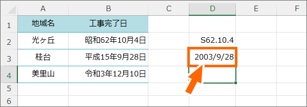何もないセルに日付を西暦で入力した場合の表示