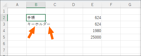 2つのセルに入っているように見えるデータ