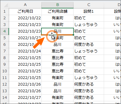 選択したセルの下辺にマウスポインターを合わせる