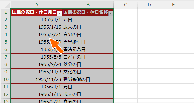 テーブルの書式を選択
