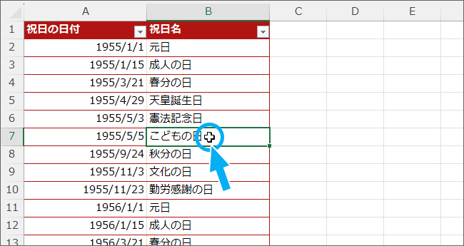 テーブル内のどれか1つのセルを選択