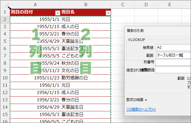 答えとして表示させたいのはこの一覧表の2列目
