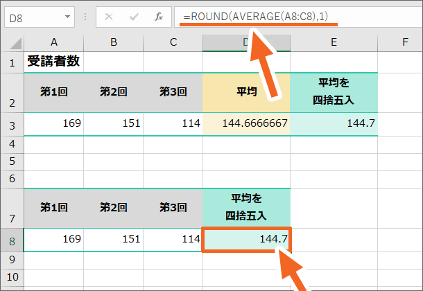 ROUND関数の中にAVERAGE関数が入っている