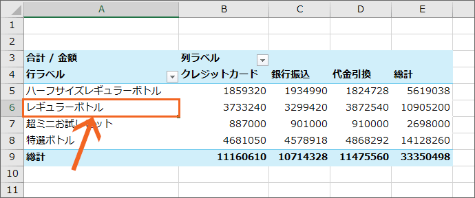 ピボットテーブル内のセルを選択