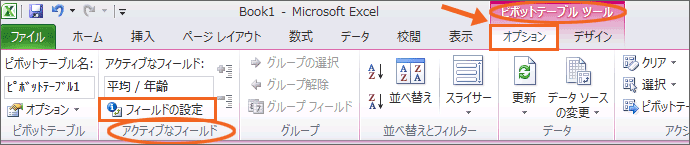Excel 2010の［フィールドの設定］ボタン