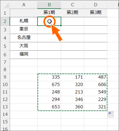 貼り付けたい箇所の先頭のセルを選択