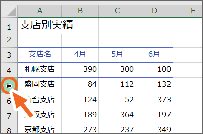 行の選択のマウスポインターの形は黒い右向き矢印
