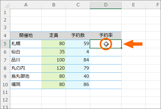 数式を入れたい範囲の先頭のセルを選択