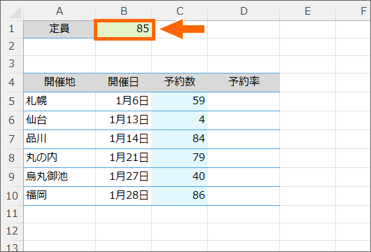 数式で使用するセルが一定の場合