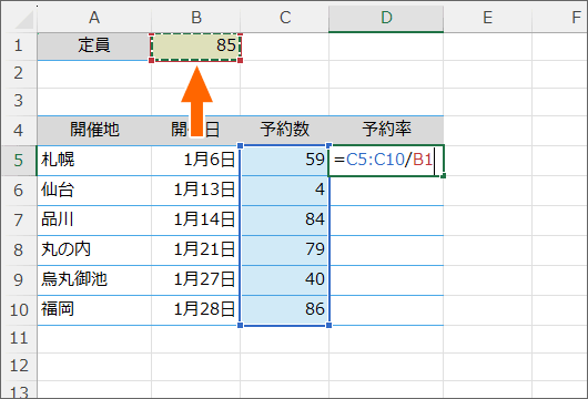 割る数のデータ範囲を選択