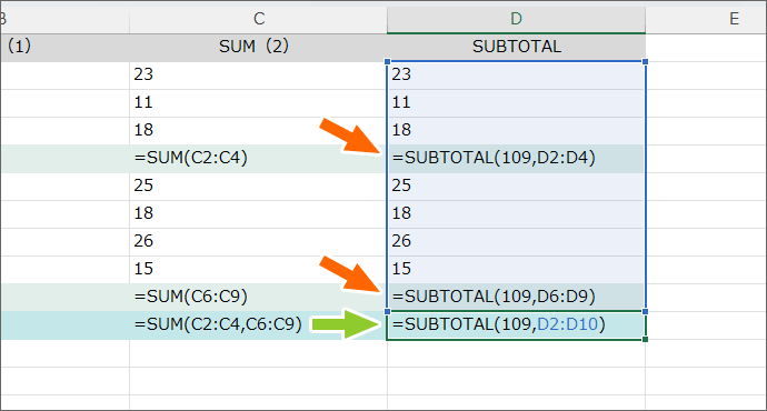 集計範囲内にある他のSUBTOTAL関数を無視する