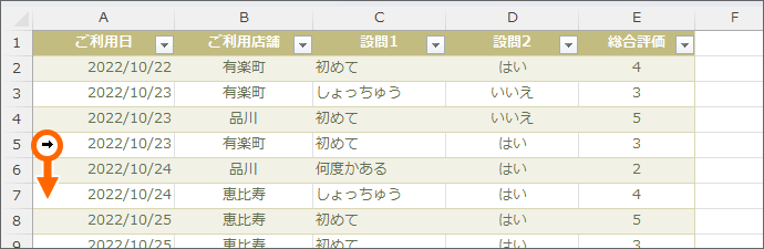 テーブルの行選択のマウスポインターの形で下へドラッグ