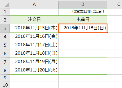 表示形式で日付と曜日が表示された
