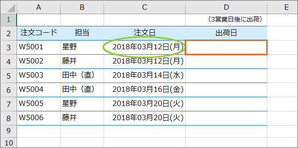 D3番地にWORKDAY関数を設定してみる