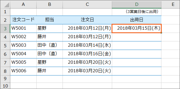 WORKDAY関数を設定したセルに日付の表示形式を設定完了