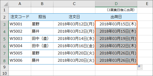 WORKDAY関数を使った表が完成