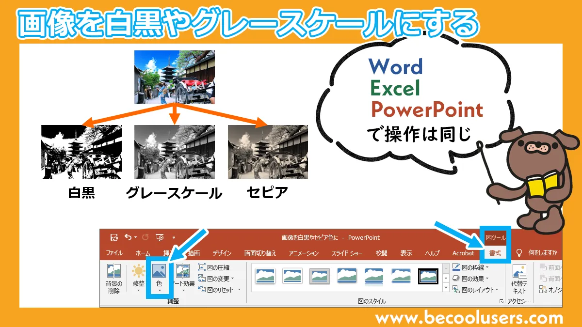 画像を白黒やグレースケール セピア色にする Powerpoint Word Excel共通