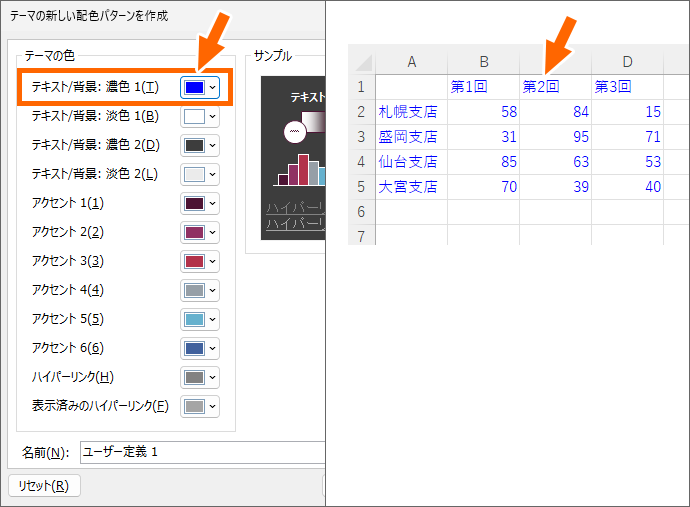 ［テキスト／背景］の［濃色1］を変えた