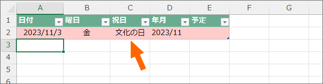 祝日名が表示されて祝日用の色がついた