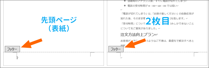 先頭ページと2枚目のフッターの表示が同じ
