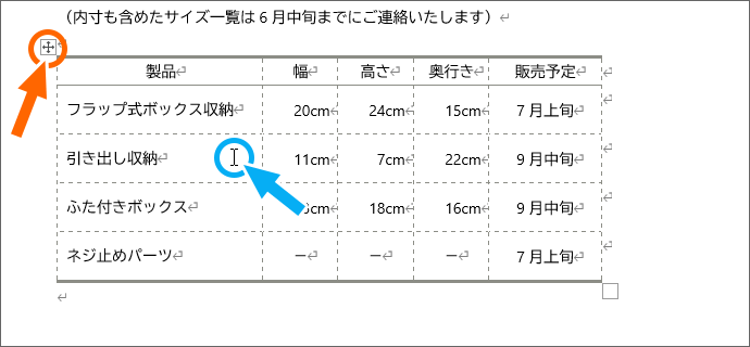 表全体を選択するハンドルを表示させる